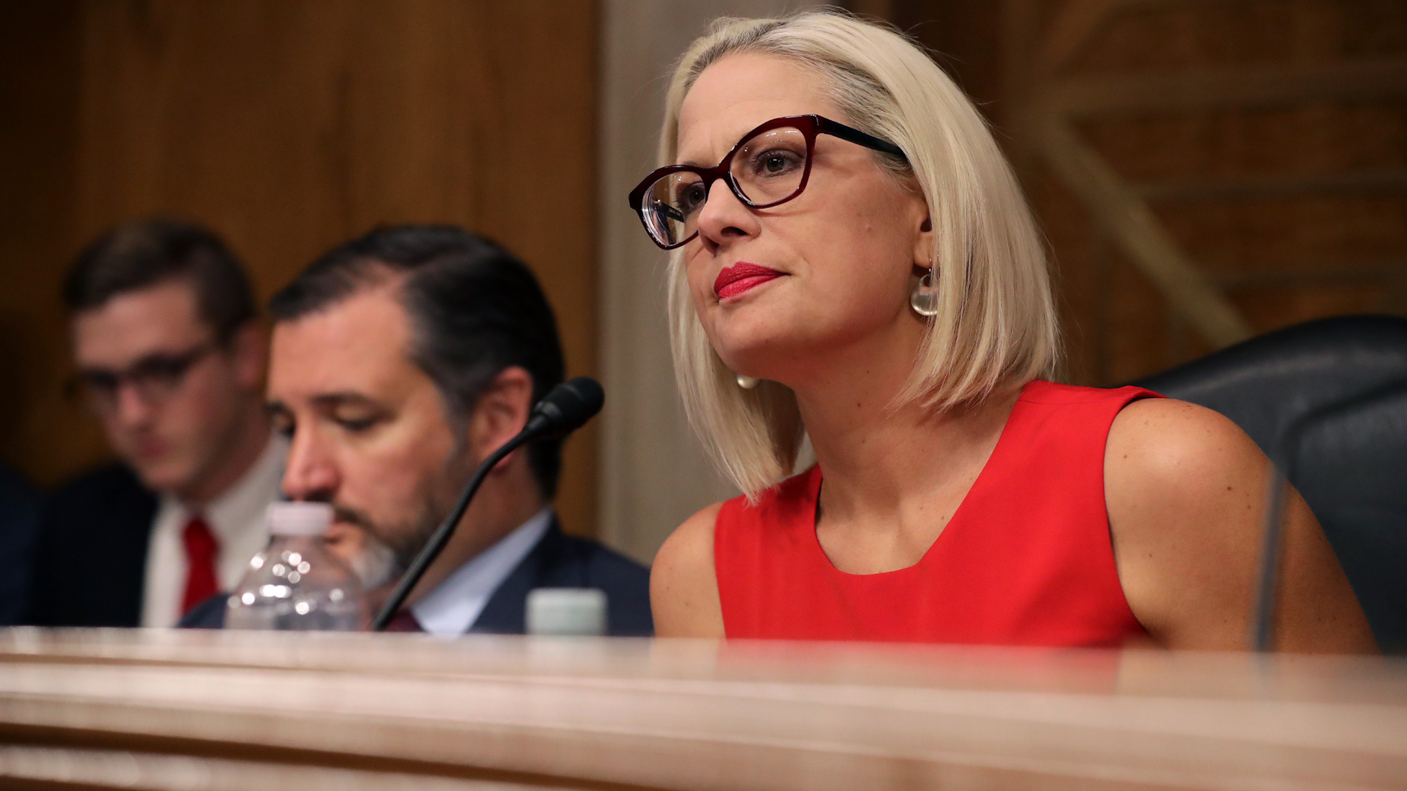 Senate Aviation and Space Subcommittee ranking member Sen. Kyrsten Sinema questions witnesses during a hearing in the Dirksen Senate Office Building on Capitol Hill on May 14, 2019 in Washington, DC. In the wake of President Donald Trump's orders to create a military Space Force, NASA Administrator Jim Bridenstine testified about "The Emerging Space Environment: Operational, Technical, and Policy Challenges."