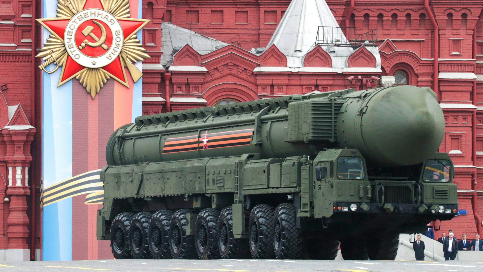 MOSCOW, RUSSIA MAY 9, 2019: A RS-24 Yars mobile intercontinental ballistic missile system rolls down Moscow's Red Square during the dress rehearsal of a Victory Day military parade marking the 74th anniversary of the victory over Nazi Germany in the 1941-1945 Great Patriotic War, the Eastern Front of World War II.