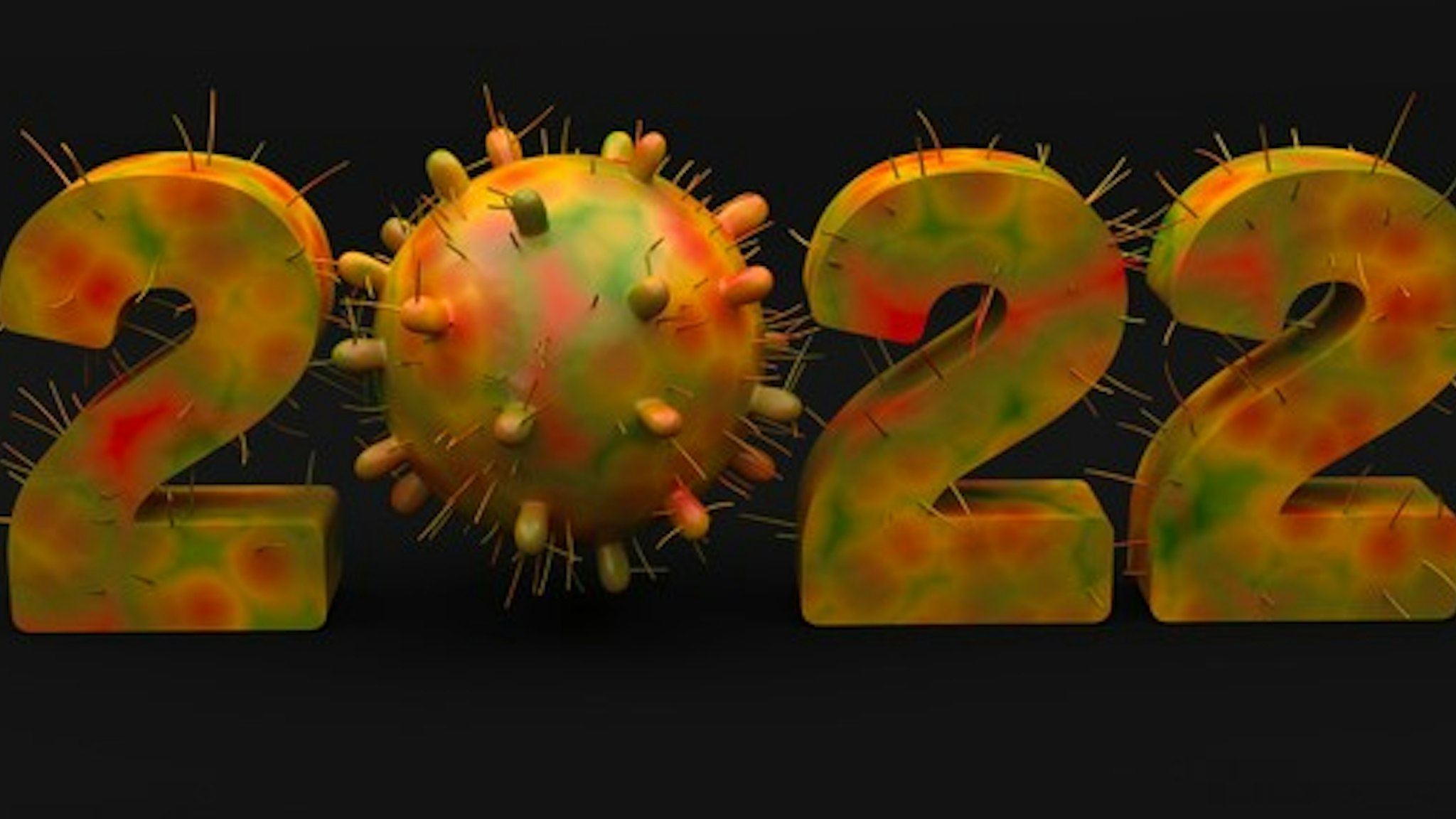 Here's a computer generated image of New year 2022 written with Coronavirus latest variant Omicron. The virus omicron is used instead of zero as Globally all nations are fighting against the latest mutant Omicron of covid-19.