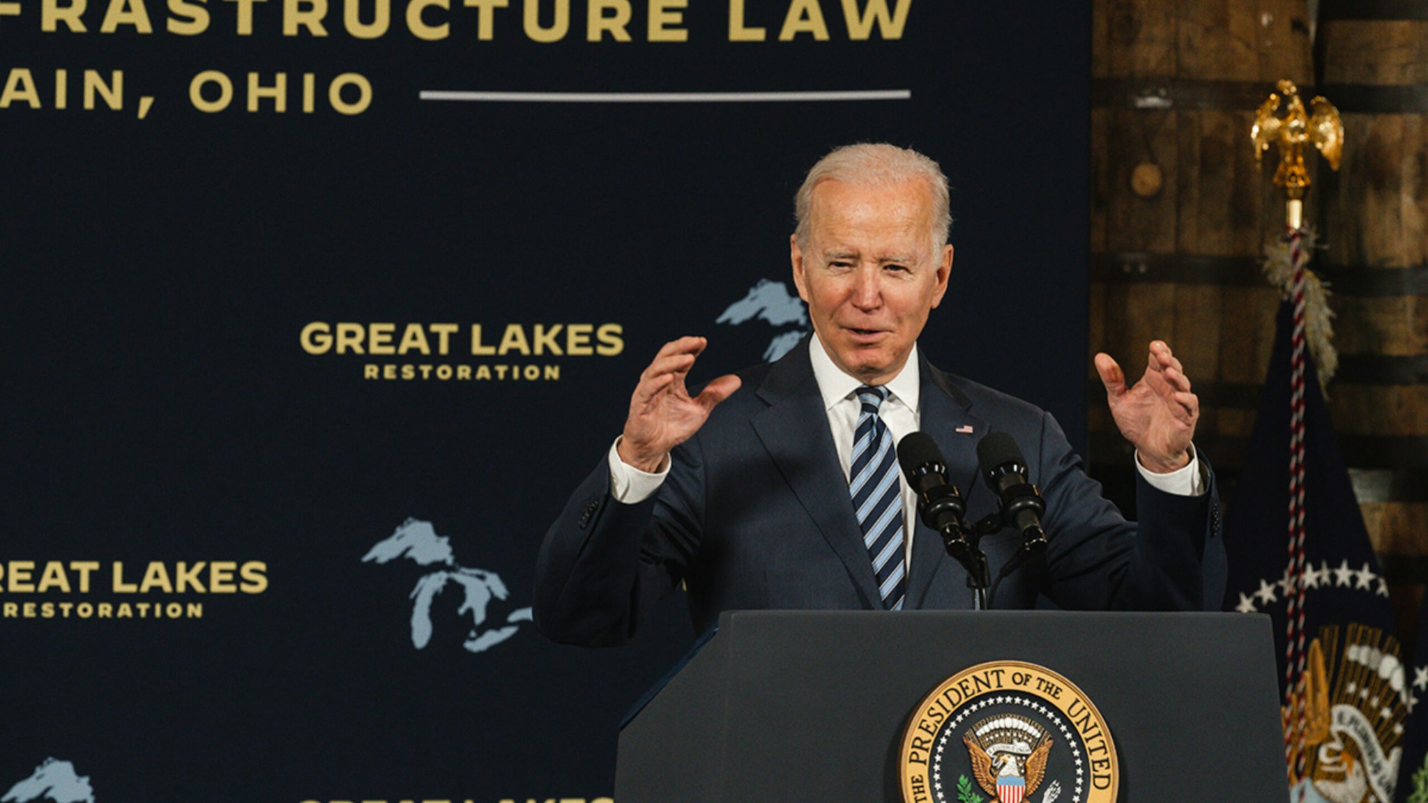 U.S. President Joe Biden speaks on the Bipartisan Infrastructure Law at the Shipyards in Lorain, Ohio, U.S., on Thursday, Feb. 17, 2022.