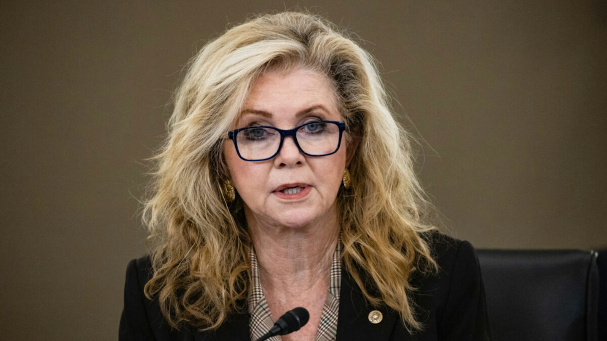 Ranking Member Sen. Marsha Blackburn (R-TN) speaks during a Senate Subcommittee on Consumer Protection, Product Safety, and Data Security hearing on Protecting Kids Online: Snapchat, TikTok, and YouTube on October 26, 2021 in Washington, DC.