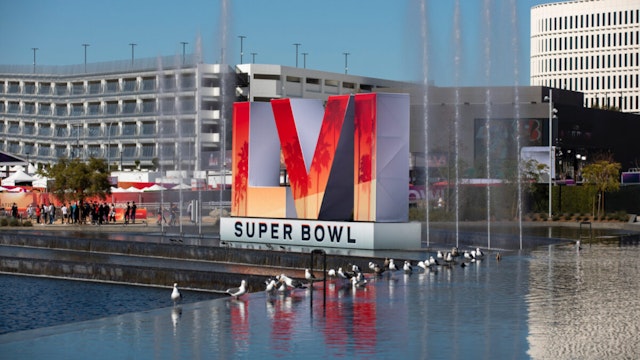 Detail view of the Super Bowl LVI logo prior to Super Bowl LVI between the Cincinnati Bengals and the Los Angeles Rams on February 13, 2022, at SoFi Stadium in Inglewood, CA.