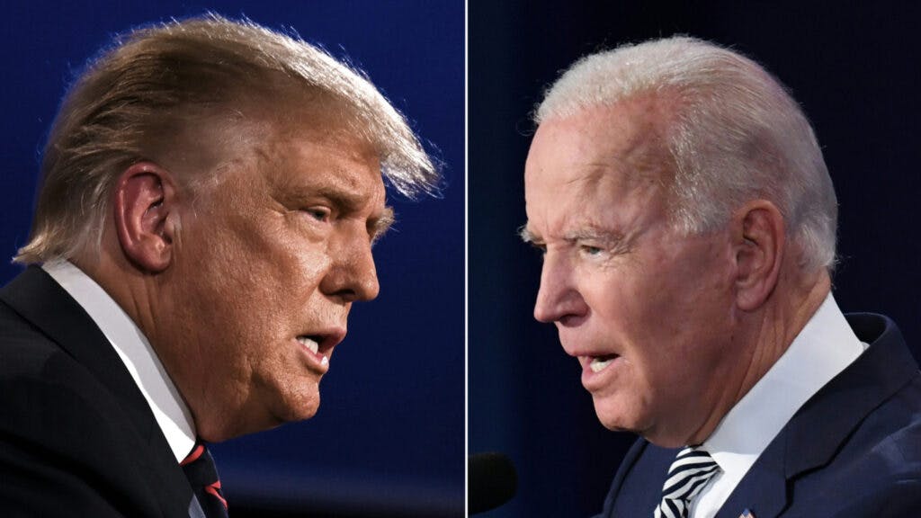 This combination of pictures created on September 29, 2020 shows US President Donald Trump (L) and Democratic Presidential candidate former Vice President Joe Biden squaring off during the first presidential debate at the Case Western Reserve University and Cleveland Clinic in Cleveland, Ohio on September 29, 2020.