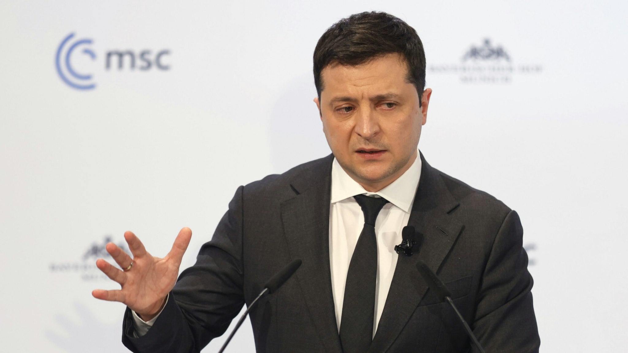 Ukrainian President Volodymyr Zelensky delivers a statement during the 58th Munich Security Conference (MSC) on February 19, 2022 in Munich, Germany.
