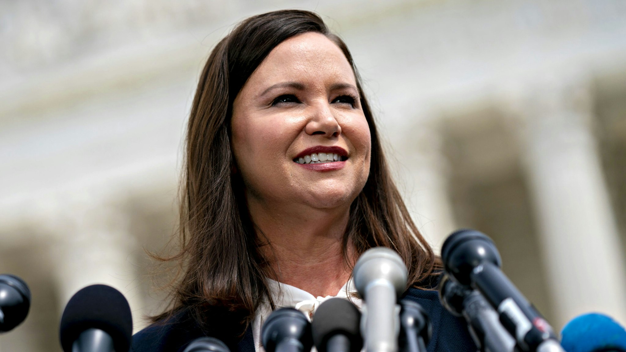 Ashley Moody, Florida attorney general, speaks during a news conference outside the Supreme Court in Washington, D.C., U.S., on Monday, Sept. 9, 2019. A group of 50 attorneys general opened a broad investigation into whether advertising practices of Alphabet Inc.'s Google violate antitrust laws.