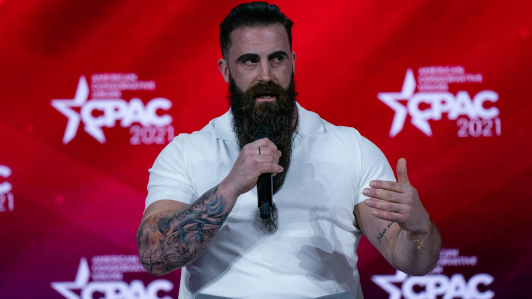 Ian Smith, owner of Atilis Gym in Bellmawr, New Jersey, speaks during the Conservative Political Action Conference (CPAC) in Orlando, Florida, U.S., on Friday, Feb. 26, 2021.