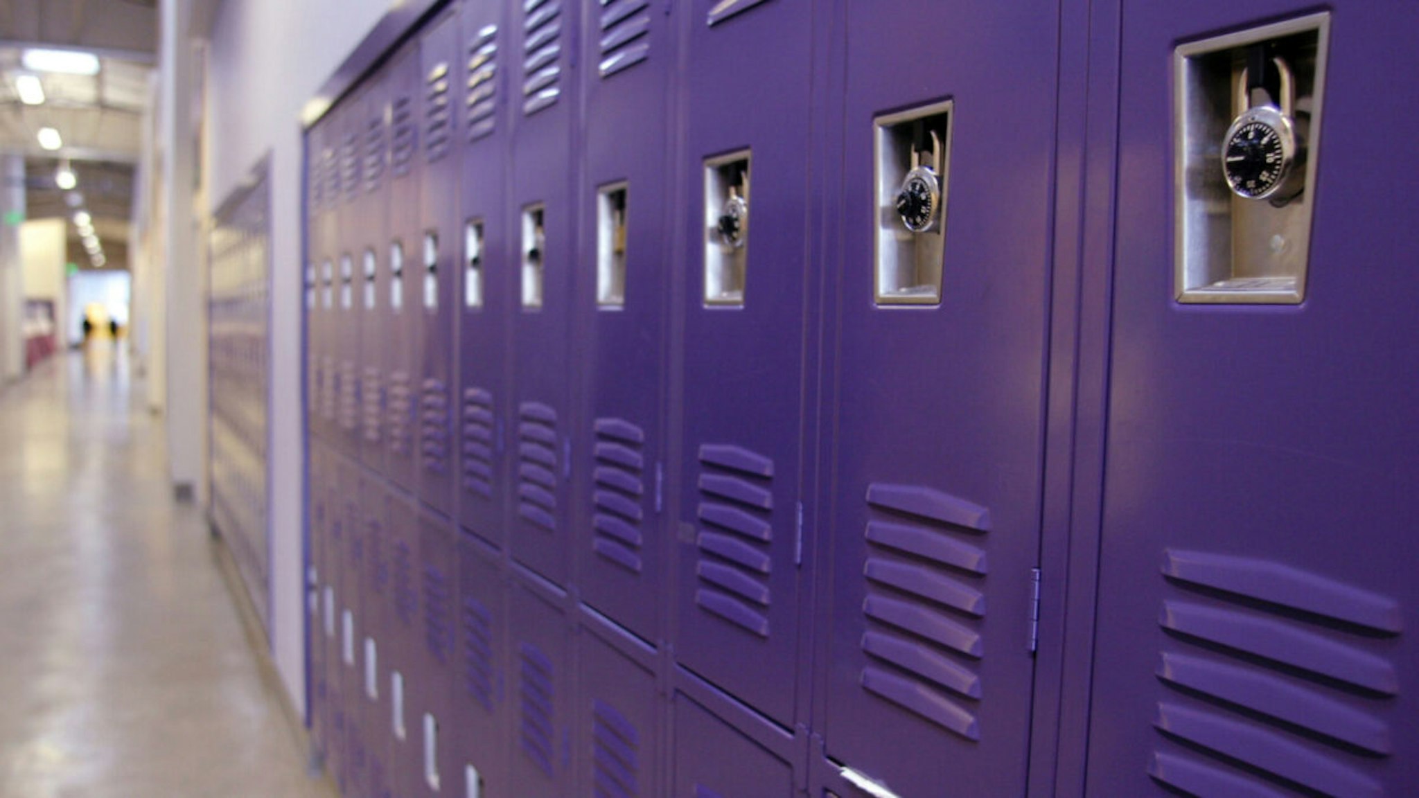 Row of student lockers at the Lionel Wilson College Preparatory Academy, an Aspire charter public school, located in the Oakland Unified School District.