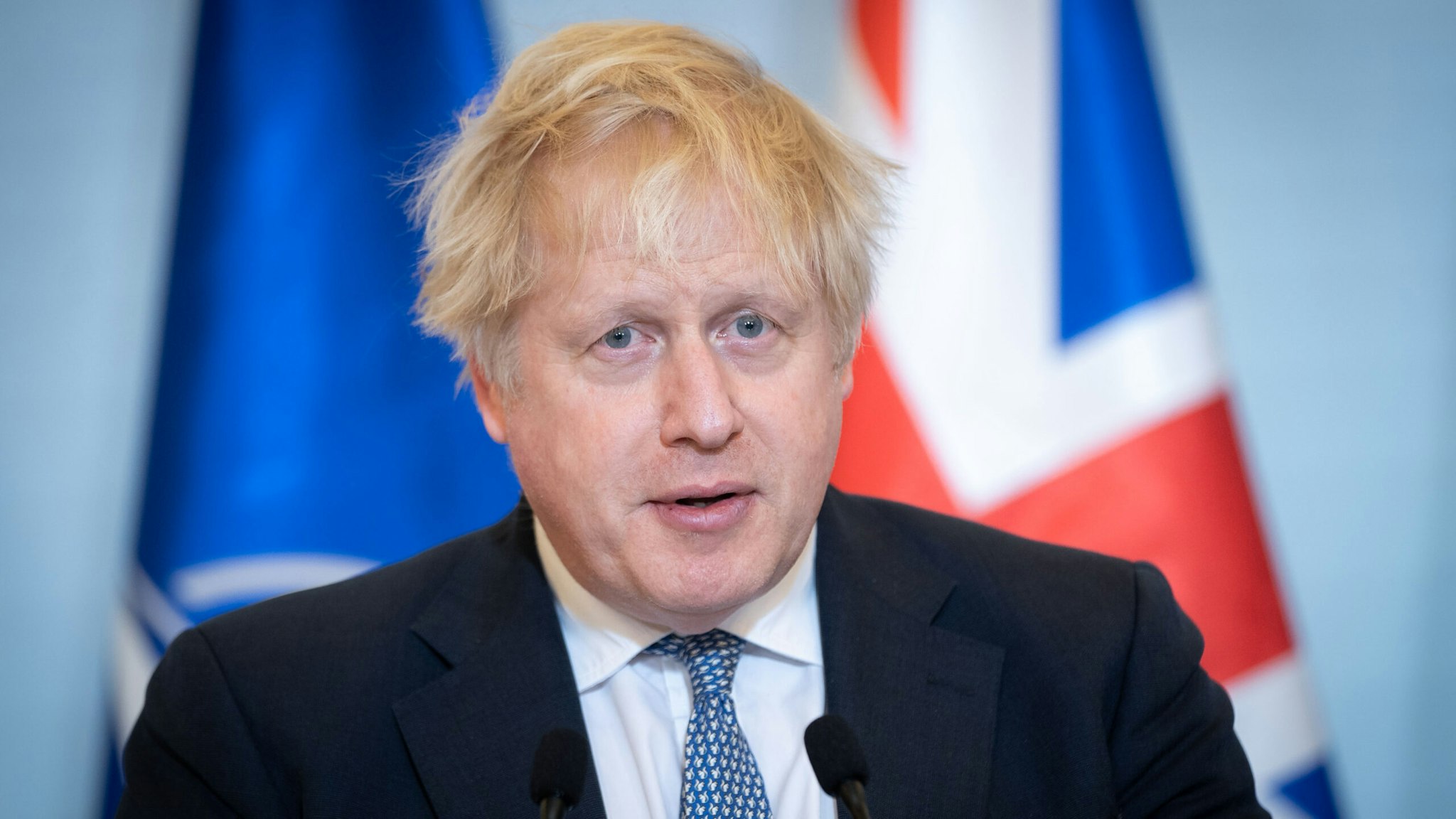 British Prime Minister Boris Johnson during a press conference, after meeting with Polish Prime Minister Mateusz Morawiecki in Warsaw, Poland, on 10 February 2022.