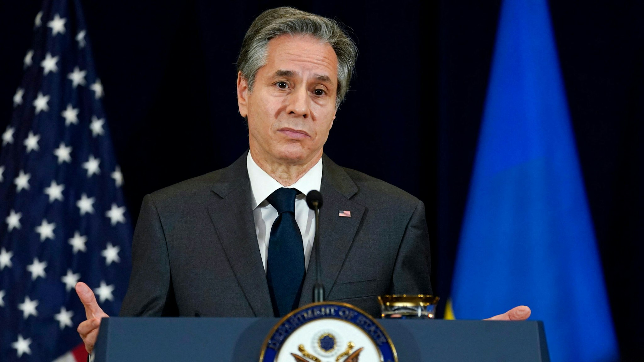 Secretary of State Antony Blinken pauses during a news conference with Ukraine's Foreign Minister Dmytro Kuleba, not pictured, at the State Department in Washington, DC, on February 22, 2022.