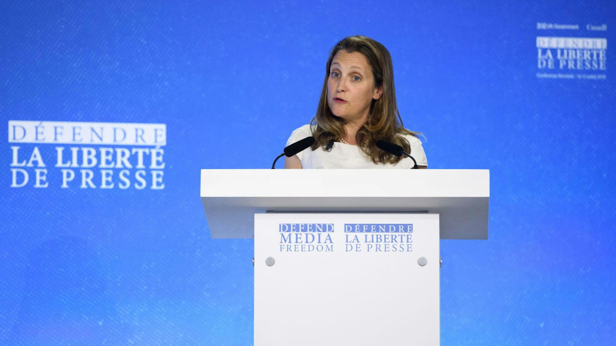 LONDON, ENGLAND - JULY 11: Canada's Foreign Secretary Chrystia Freeland speaks to delegates during day two of the Global Conference on Press Freedom on July 11, 2019 in London, England. The conference sees speakers from around the world sharing their experiences and thoughts on protecting the rights of members of the media around the world. (Photo by Leon Neal/Getty Images)
