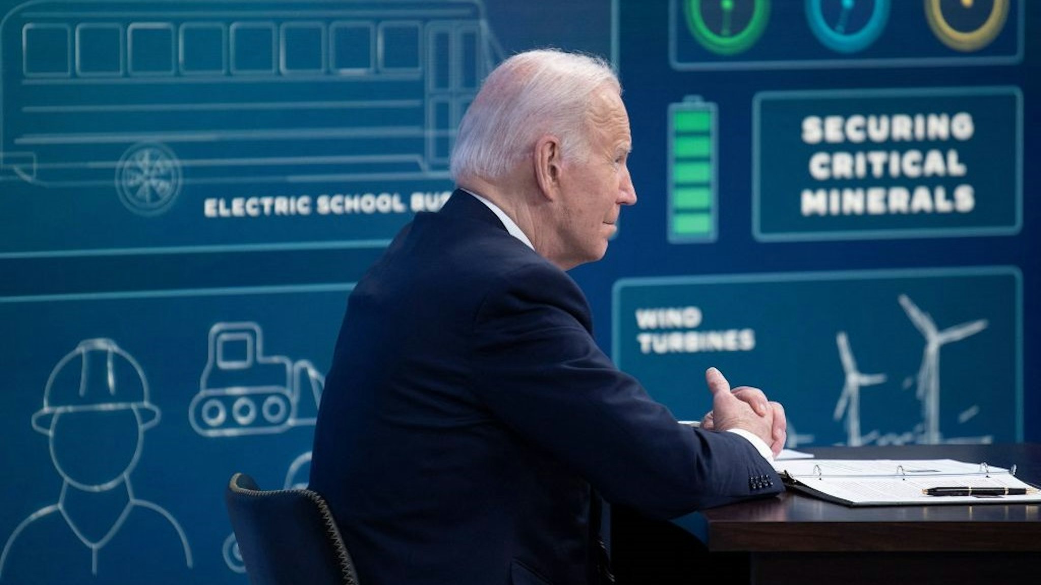 US President Joe Biden speaks during a virtual meeting on securing critical mineral supply chains in the South Court Auditorium near the White House in Washington, DC, on February 22, 2022.