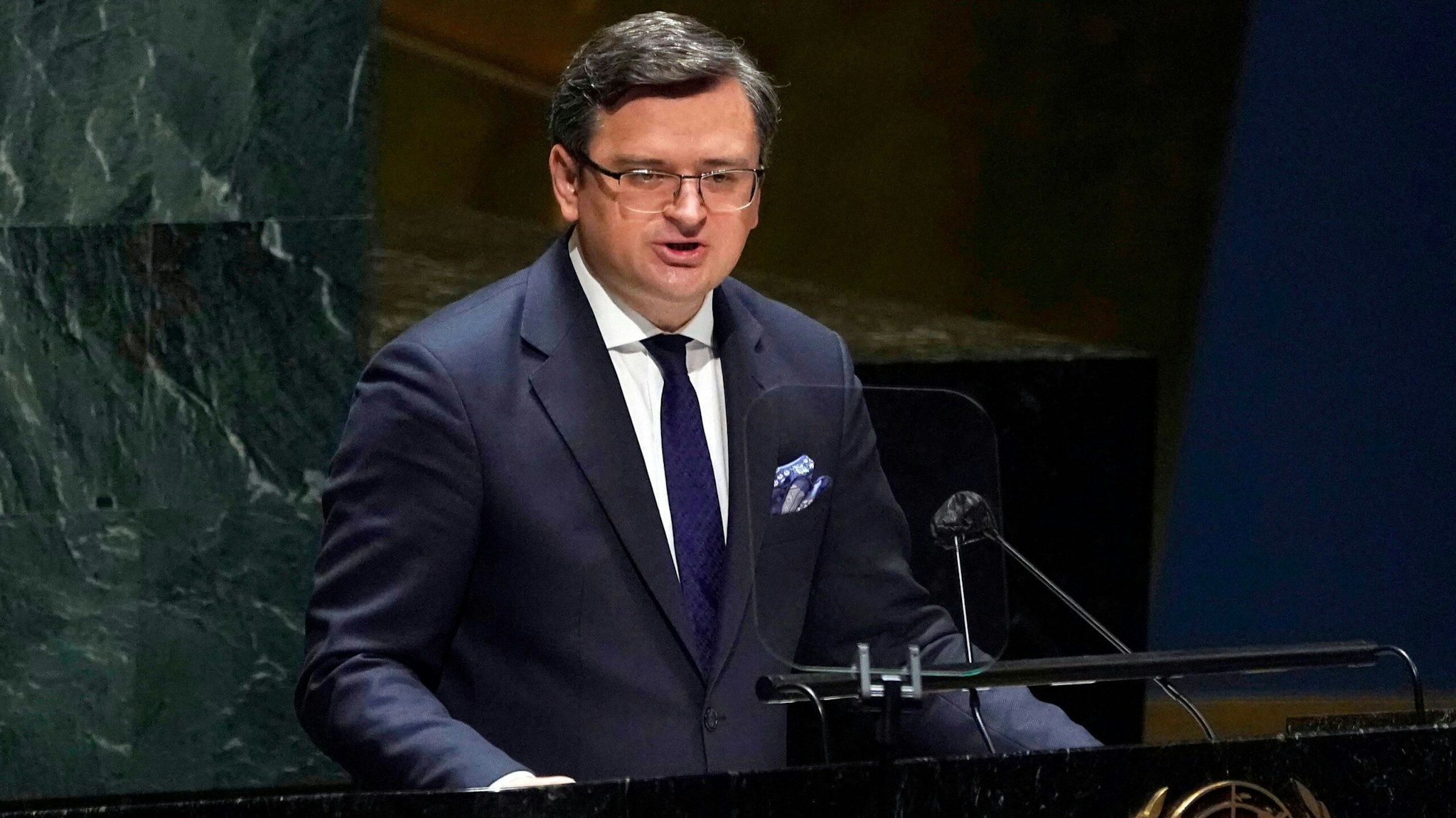 Ukrainian Foreign Minister Dmytro Kuleba speaks at the General Assembly 58th plenary meeting in New York on February 23, 2022, on the Russia-Ukraine conflict.