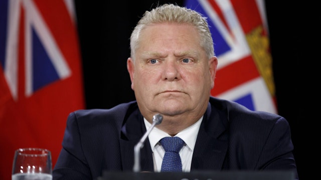 Doug Ford, Ontario's premier, listens during a news conference following the Canada's Premiers meeting in Toronto, Ontario, Canada, on Monday, Dec. 2, 2019.