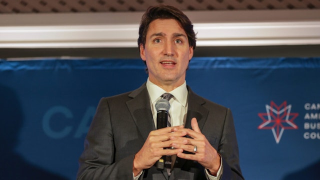 Prime Minister Justin Trudeau speaks during the CABC 27th Annual State Of The Relationship dinner hosted by the Canadian American Business Council at the Hay Adams Hotel on November 17, 2021 in Washington, DC.