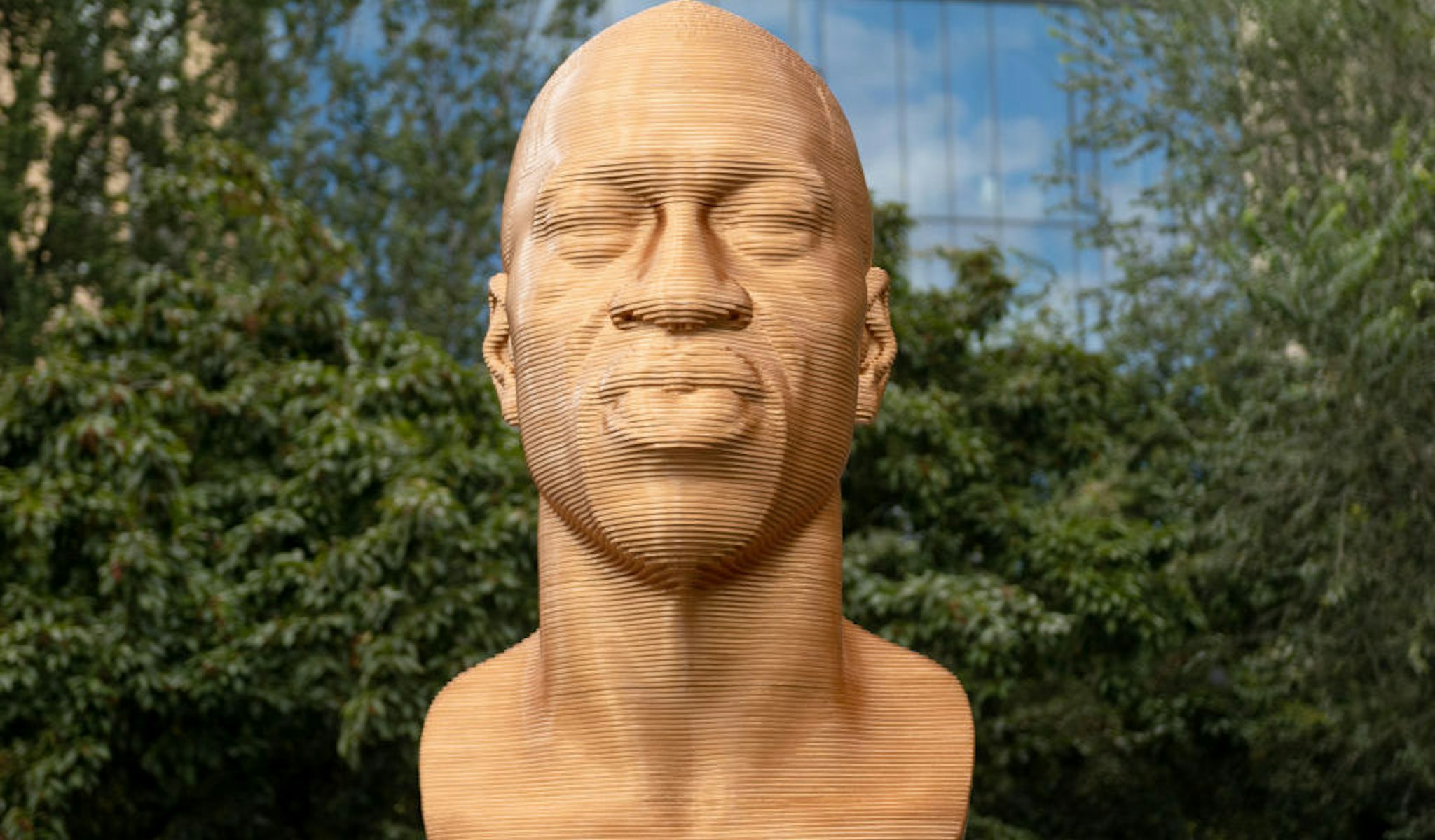 NEW YORK, NEW YORK - SEPTEMBER 30: A close up of the “FLOYD" sculpture during Confront Art’s First Exhibition SEEINJUSTICE in Union Square on September 30, 2021 in New York City. SEEINJUSATICE contains three statues by artist Chris Carnabuci, “FLOYD”, “BREONNA TAYLOR”, and “JOHN LEWIS.” The art officially opens to the public on October 1st and was organized in collaboration with NYC Parks and the Union Square Partnership. (Photo by Alexi Rosenfeld/Getty Images)