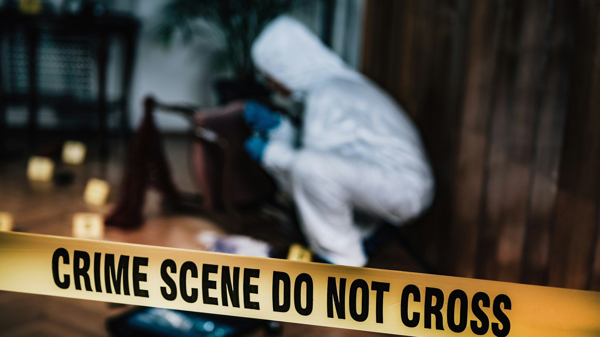High Angle View Of Do Not Enter Sign In Crime Scene - stock photo