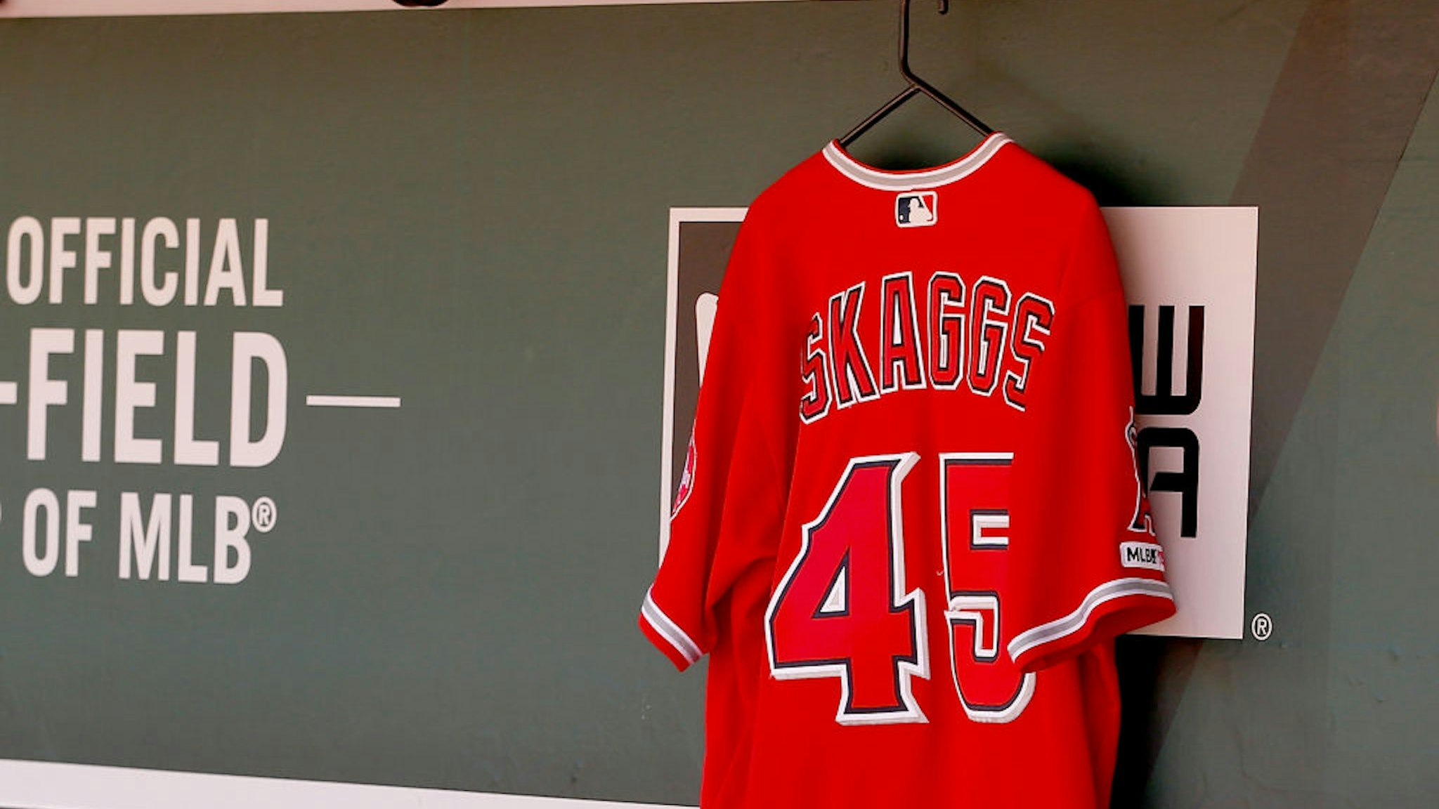 OAKLAND, CALIFORNIA - SEPTEMBER 05: The #45 jersey of recently deceased Los Angeles Angels player Tyler Skaggs hangs in the team's dugout before the game against the Los Angeles Angels at Ring Central Coliseum on September 05, 2019 in Oakland, California. (Photo by Lachlan Cunningham/Getty Images)