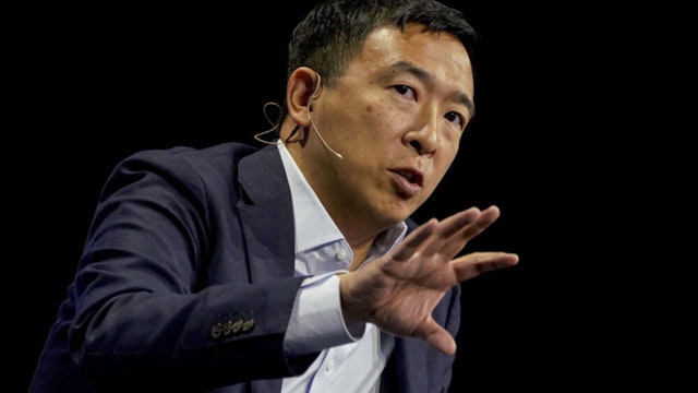 Andrew Yang, founder of Venture for America, speaks during the Milken Institute Global Conference in Beverly Hills, California, U.S., on Wednesday, Oct. 20, 2021. The event brings together individuals with the capital, power, and influence to change the world and connects them with those whose expertise and creativity are reinventing health, finance, technology, philanthropy, industry, and media.
