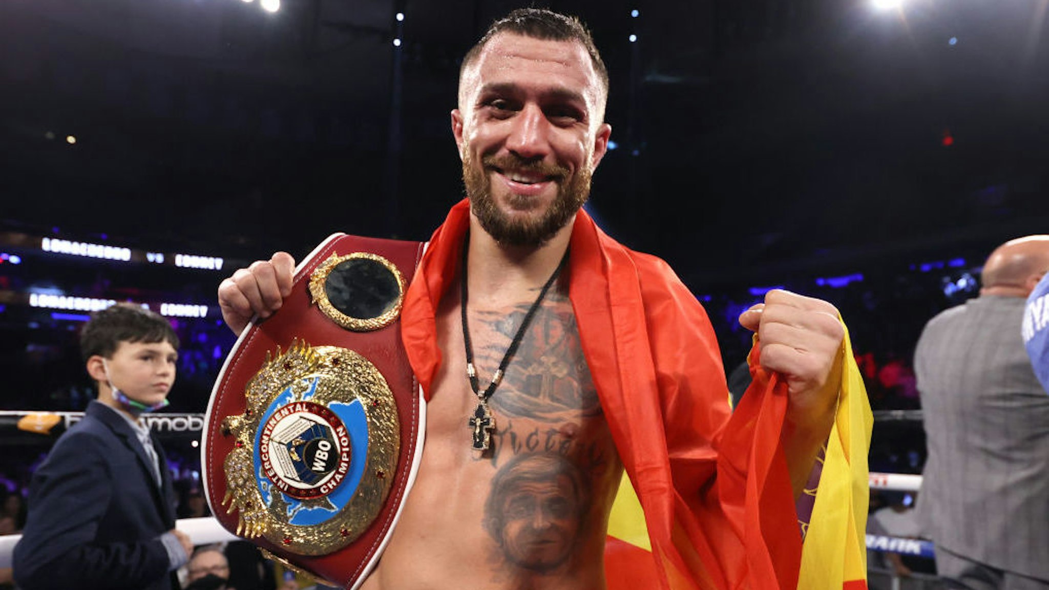 NEW YORK, NEW YORK - DECEMBER 11: Vasiliy Lomachenko is victorious as he defeats Richard Commey for the WBO intercontinental lightweight championship at Madison Square Garden on December 11, 2021 in New York City. (Photo by Mikey Williams/Top Rank Inc via Getty Images)