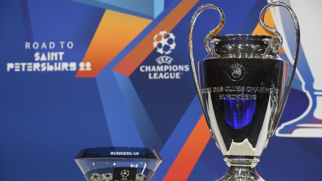 NYON, SWITZERLAND - DECEMBER 13: A view of the UEFA Champions League trophy during the UEFA Champions League 2021/22 Round of 16 Draw at the UEFA headquarters, The House of European Football, on December 13, 2021, in Nyon, Switzerland. (Photo by Richard Juilliart - UEFA/UEFA via Getty Images)