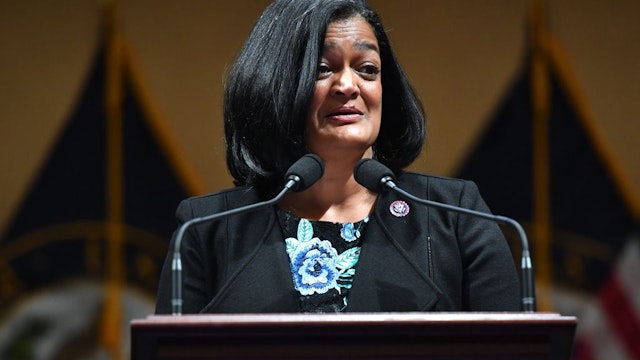 WASHINGTON, DC - JANUARY 06: Rep. Pramila Jayapal (D-WA) speaks as members of Congress share their recollections on the first anniversary of the attack on the U.S. Capitol on January 06, 2022 in the Cannon House Office Building in Washington, DC. One year ago, supporters of President Donald Trump attacked the U.S. Capitol Building in an attempt to disrupt a congressional vote to confirm the electoral college win for Joe Biden. (Photo by Mandel Ngan-Pool/Getty Images)