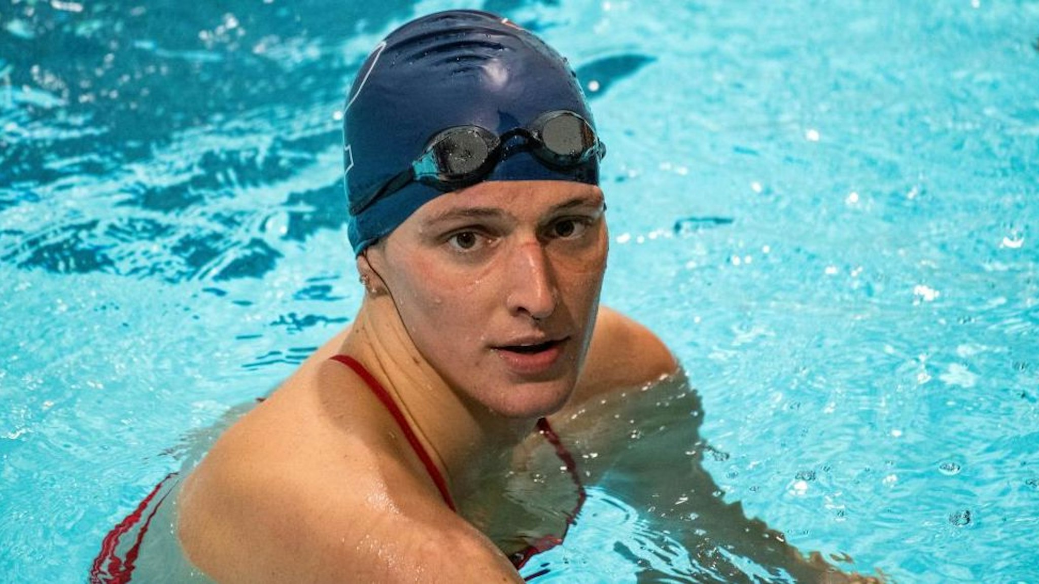 Lia Thomas, a transgender woman, finishes the 200 yard Freestyle for the University of Pennsylvania at an Ivy League swim meet against Harvard University in Cambridge, Massachusetts, on January 22, 2022.