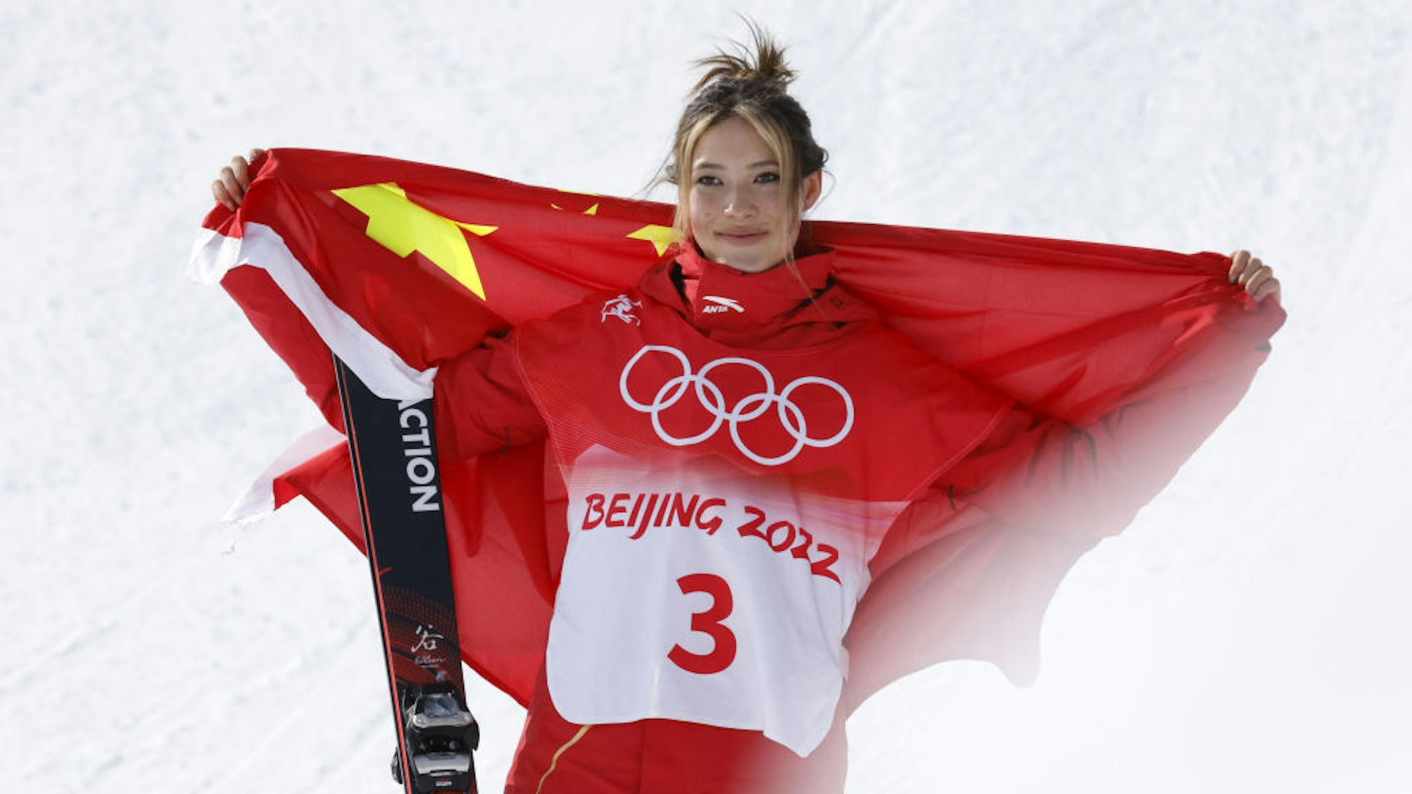 BEIJING, CHINA - FEBRUARY 15 : Ailing Eileen Gu of Team China wins the silver medal during the Olympic Games 2022, women's Freeski Slopestyle on February 15, 2022 in Zhangjiakou China. (Photo by Christophe Pallot/Agence Zoom/Getty Images)