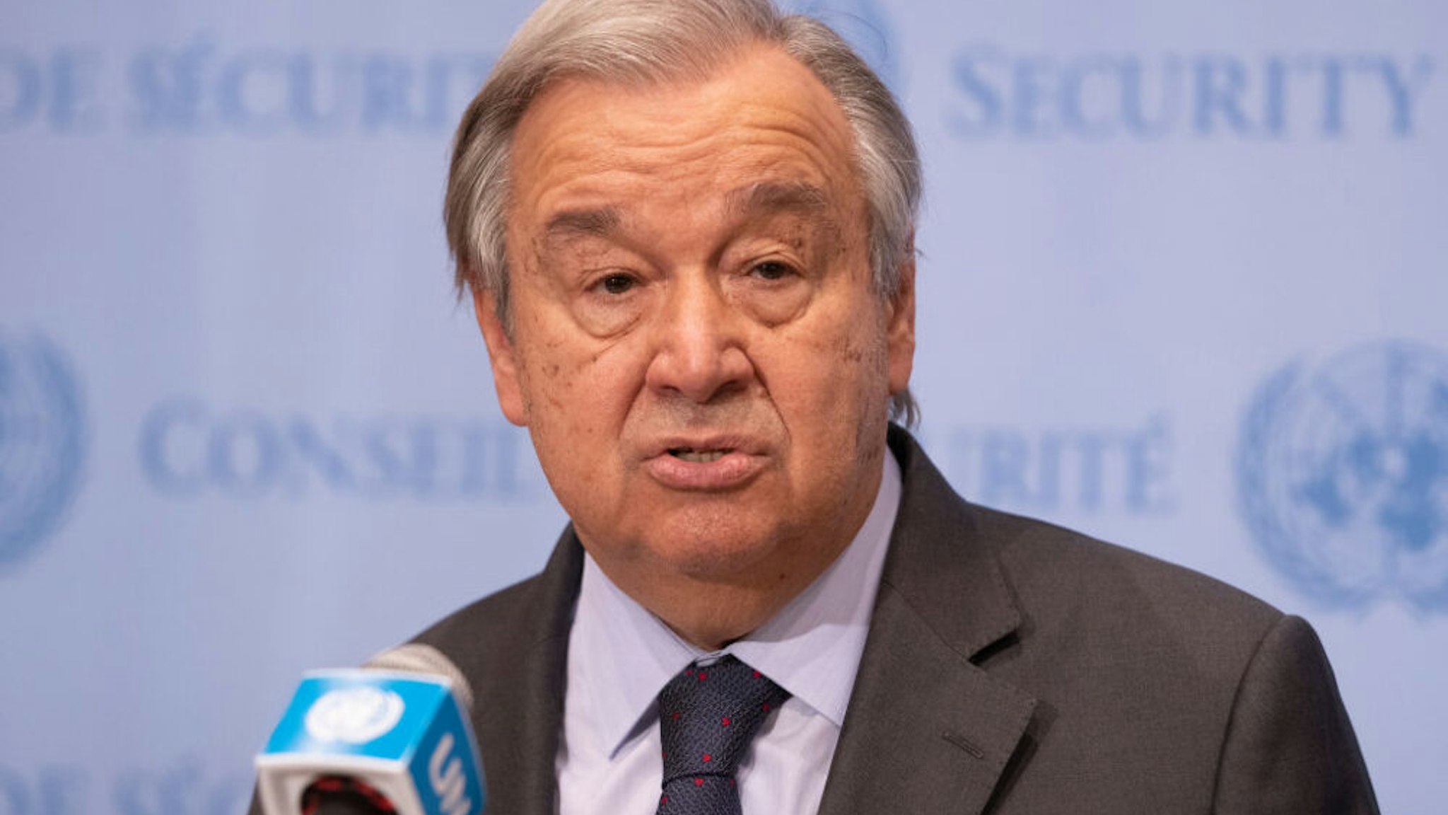 NEW YORK, UNITED STATES - 2022/02/22: UN the Secretary-General Antonio Guterres briefs reporters on the situation in Ukraine at UN Headquarters. Secretary-General stated that decision of the Russian Federation to recognize the so-called independence of certain areas of Donetsk and Luhansk regions is a violation of the territorial integrity and sovereignty of Ukraine. He added that our world is facing the biggest global peace and security crisis in recent year.