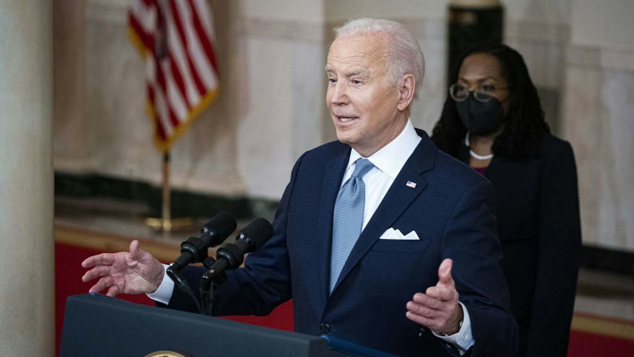 U.S. President Joe Biden speaks while announcing the nomination of Ketanji Brown Jackson, nominee for associate justice of the U.S. Supreme Court, right, during a ceremony at the White House in Washington, D.C., U.S., on Friday, Feb. 25, 2022.