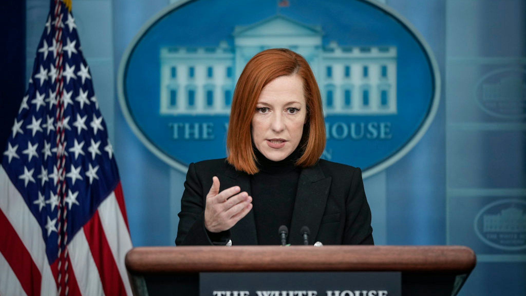 WASHINGTON, DC - FEBRUARY 25: White House Press Secretary Jen Psaki speaks during the daily press briefing in the White House February 25, 2022. Earlier in the day, President Joe Biden announced he will nominate Ketanji Brown Jackson, circuit judge on the U.S. Court of Appeals for the District of Columbia Circuit, to replace retiring Associate Justice Stephen Breyer. (Photo by Drew Angerer/Getty Images)