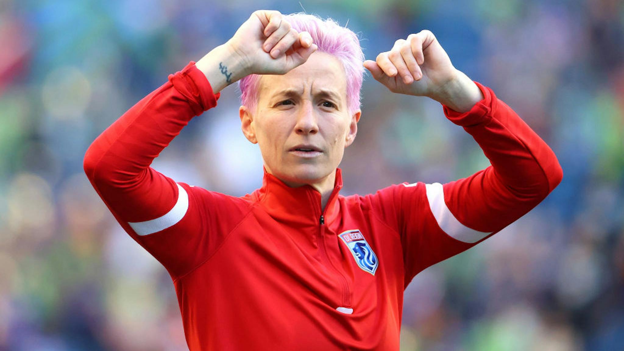 Portland Thorns FC v OL Reign Megan Rapinoe #15 of OL Reign reacts after the 2-1 win against Portland Thorns FC at Lumen Field on August 29, 2021 in Seattle, Washington.