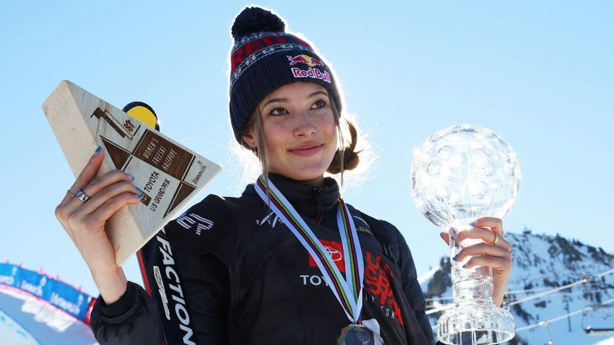 MAMMOTH, CALIFORNIA - JANUARY 08: Ailing Eileen Gu of Team China poses for a picture after placing first in the Women's Freeski Halfpipe competition at the Toyota U.S. Grand Prix at Mammoth Mountain on January 08, 2022 in Mammoth, California. (Photo by Maddie Meyer/Getty Images)