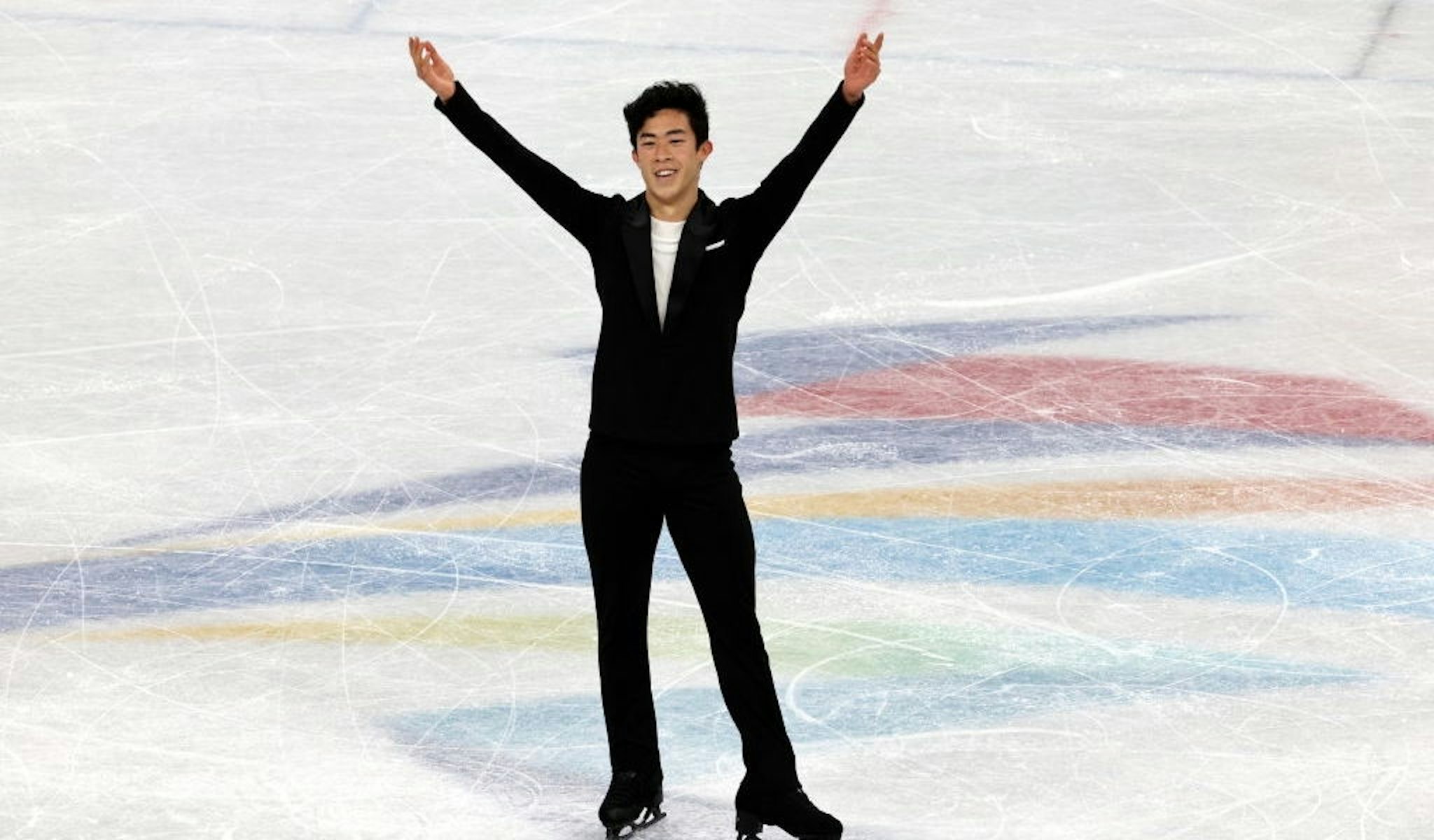 BEIJING, CHINA - FEBRUARY 08: Nathan Chen of Team United States reacts during the Men's Single Skating Short Program on day four of the Beijing 2022 Winter Olympic Games at Capital Indoor Stadium on February 08, 2022 in Beijing, China. (Photo by Xavier Laine/Getty Images)