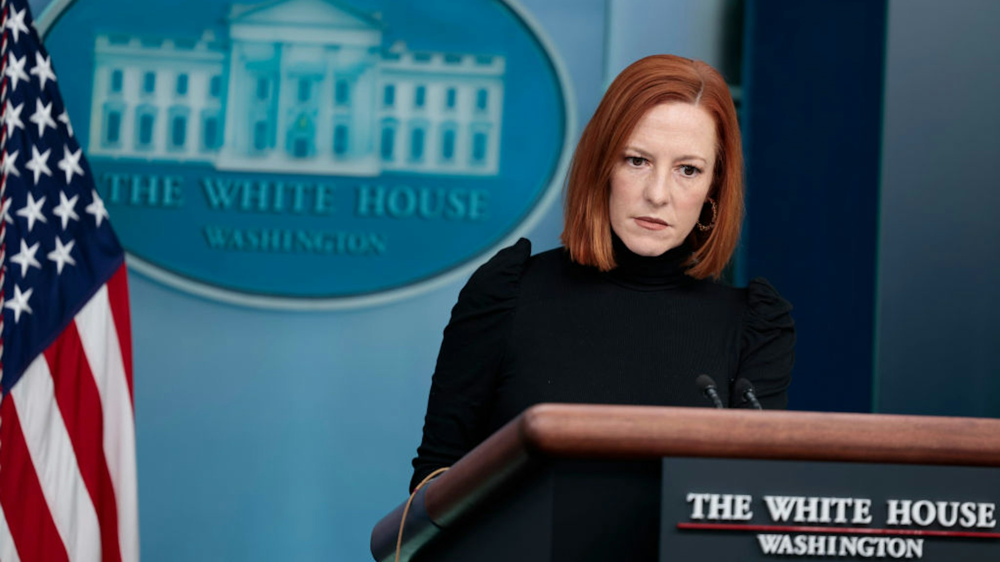 WASHINGTON, DC - FEBRUARY 08: White House press secretary Jen Psaki speaks during the daily White House press briefing on February 08, 2022 in Washington, DC. During the press briefing Psaki spoke on a range of topics including the resignation of Eric Lander as director of the Office of Science and Technology Policy, German Chancellor Olaf Scholz's visit to the White House and unionization of Capitol Hill staffers. (Photo by Anna Moneymaker/Getty Images)