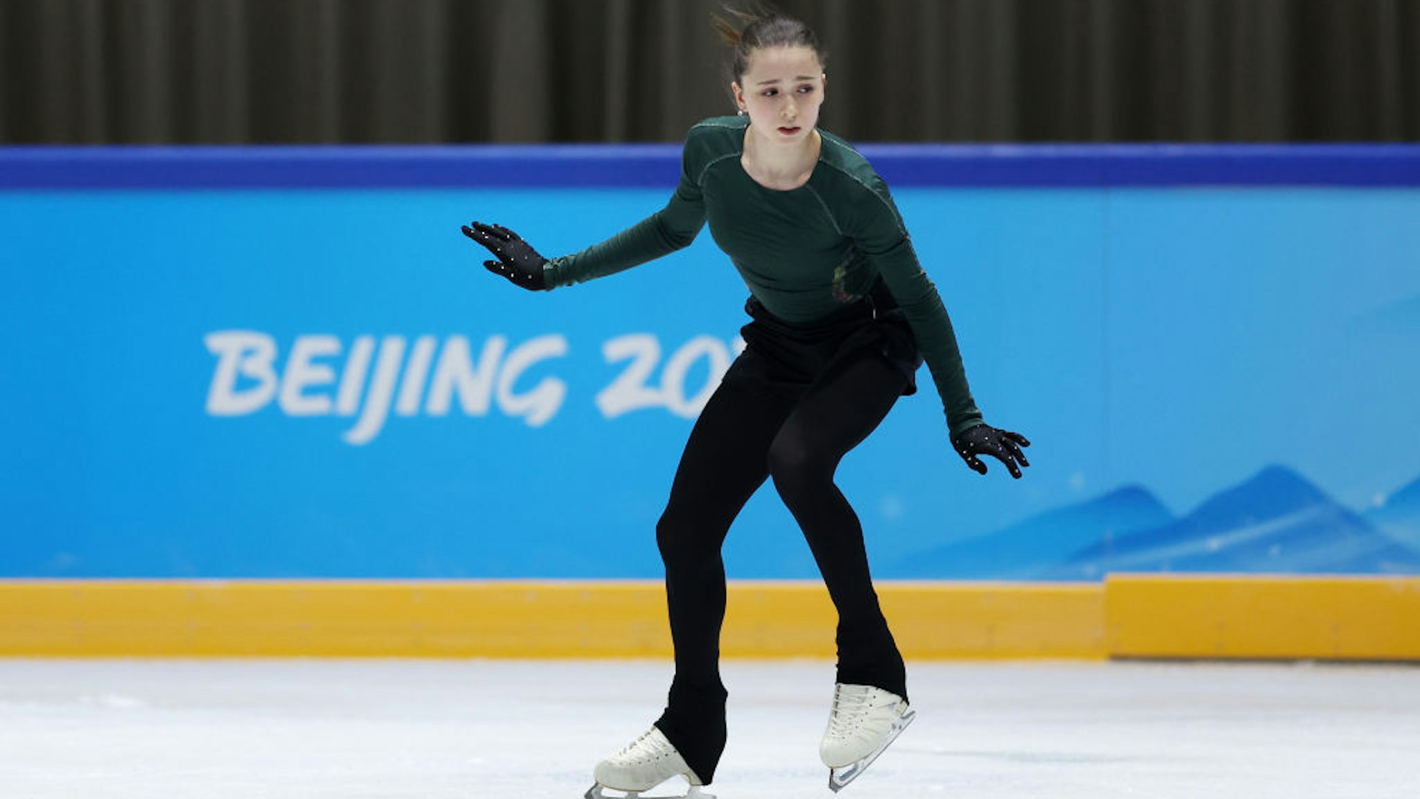 BEIJING, CHINA - FEBRUARY 14: Kamila Valieva of Team ROC skates during a training session on day ten of the Beijing 2022 Winter Olympic Games at Capital Indoor Stadium practice rink on February 14, 2022 in Beijing, China. (Photo by Matthew Stockman/Getty Images)