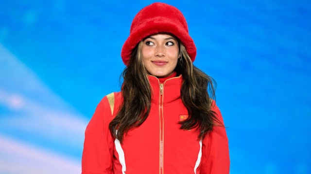 Silver medalist Ailing Eileen Gu of Team China poses during the Women's Freestyle Skiing Freeski Slopestyle medal ceremony on Day 11 of the Beijing 2022 Winter Olympic Games at Zhangjiakou Medal Plaza on February 15, 2022 in Zhangjiakou, Hebei Province of China.