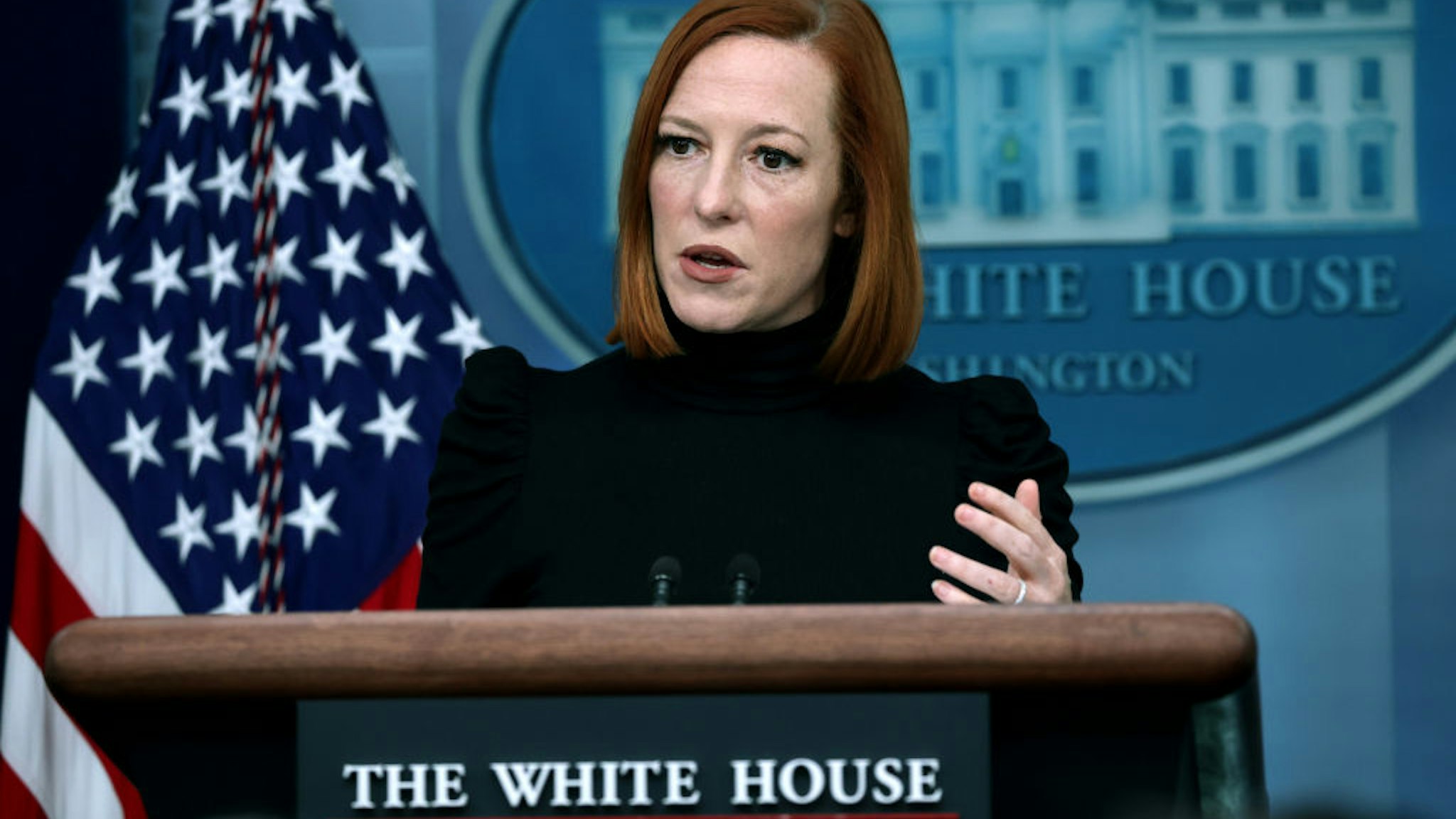WASHINGTON, DC - FEBRUARY 18: White House Press Secretary Jen Psaki speaks during a White House daily briefing at the James S. Brady Press Briefing Room of the White House on February 18, 2022 in Washington, DC. Psaki held a daily news briefing to answer questions, including the Ukraine-Russia border crisis, from members of the press. (Photo by Alex Wong/Getty Images)