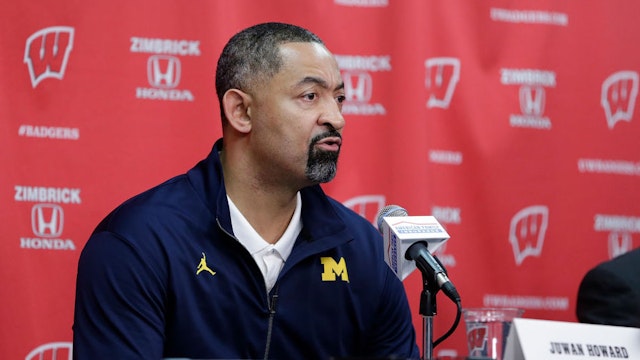 MADISON, WISCONSIN - FEBRUARY 20: Michigan Wolverine Head Coach Juwan Howard speaks to the media about the fight after the game against the Wisconsin Badgers at Kohl Center on February 20, 2022 in Madison, Wisconsin. (Photo by John Fisher/Getty Images)