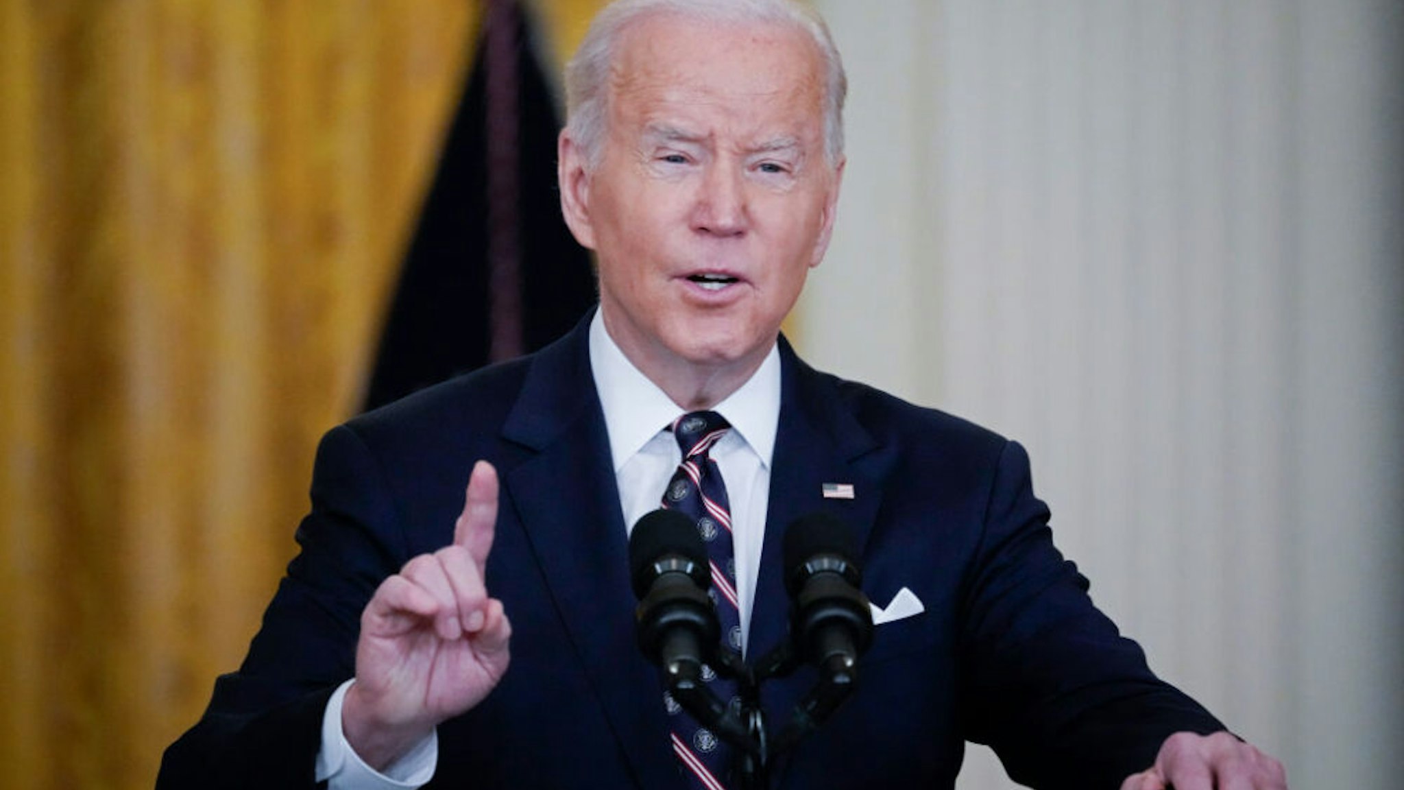 WASHINGTON, DC - FEBRUARY 22: U.S. President Joe Biden speaks on developments in Ukraine and Russia, and announces sanctions against Russia, from the East Room of the White House February 22, 2022 in Washington, DC. The White House earlier in the day called Russia’s deployment of troops into two pro-Russian separatist regions of Ukraine “the beginnings of an invasion.”