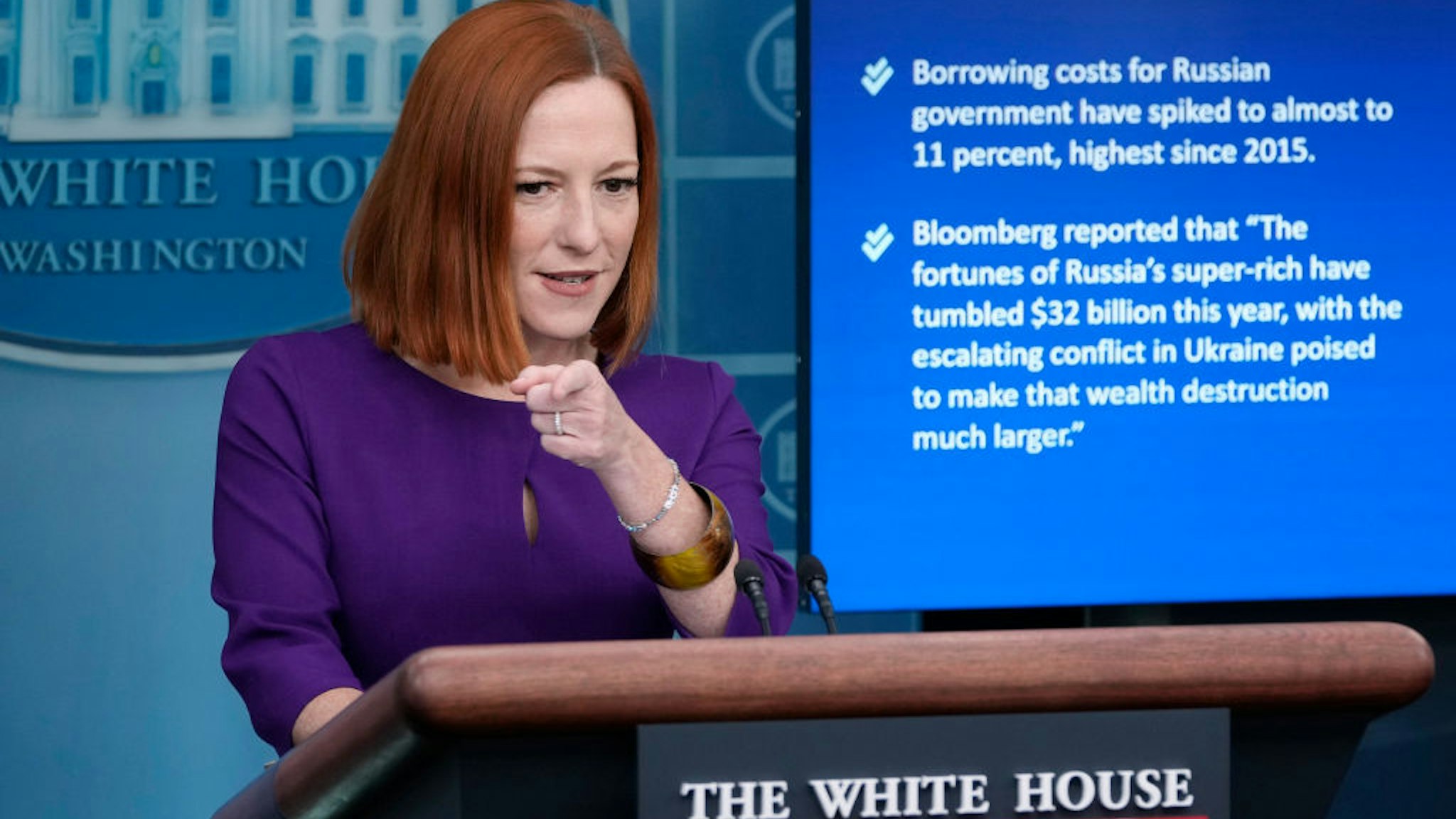 WASHINGTON, DC - FEBRUARY 23: White House Press Secretary Jen Psaki talks to reporters in the Brady Press Briefing Room at the White House on February 23, 2022 in Washington, DC. Psaki briefed reporters about the White House's economic sanctions on Russia after its military moved into break-away regions of eastern Ukraine. (Photo by Drew Angerer/Getty Images)