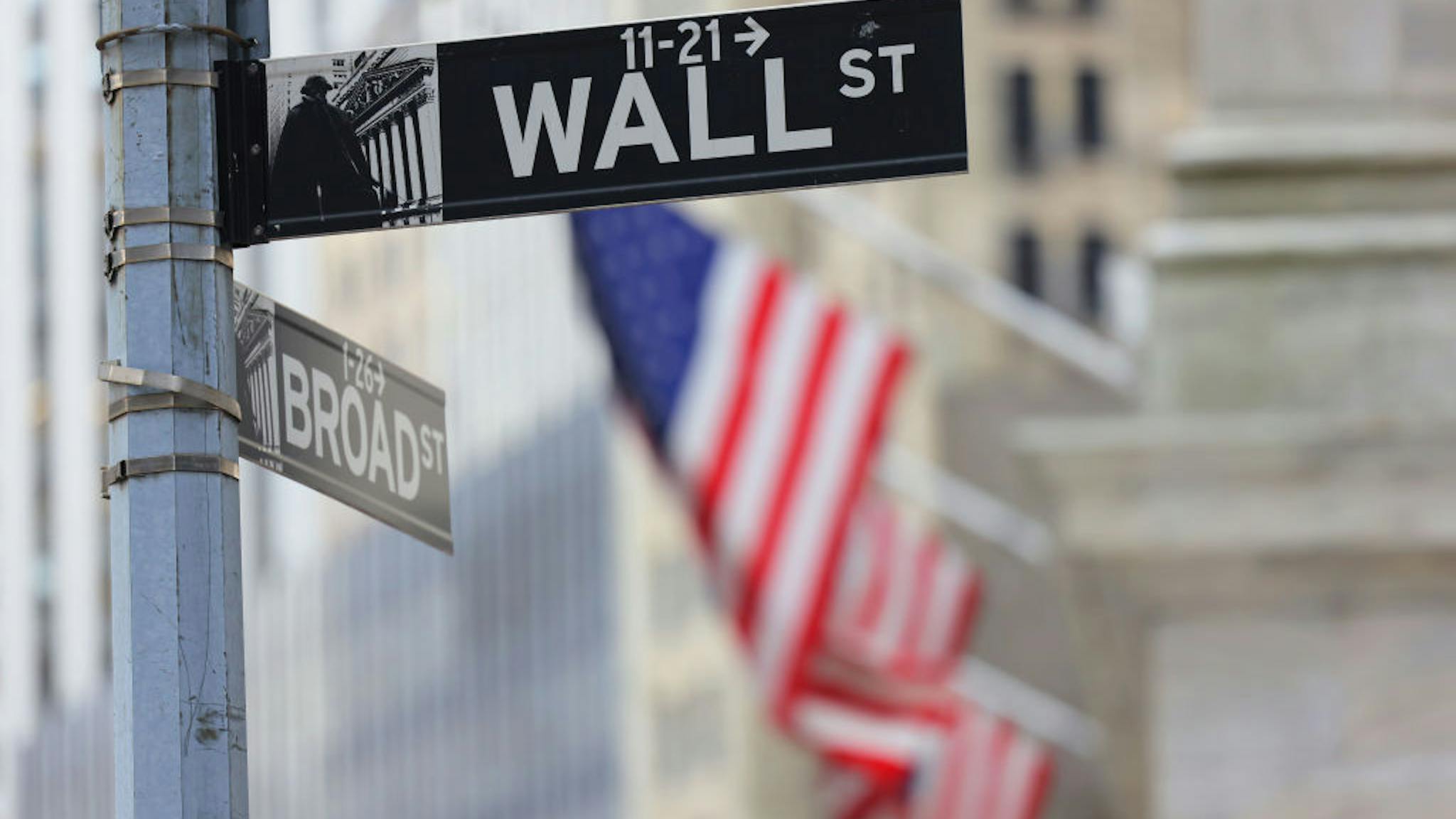 Stocks Continue To Slide As Concerns Rise Over Conflict In Ukraine NEW YORK, NEW YORK - FEBRUARY 24: The Wall Street street sign is seen on February 24, 2022 in New York City. U.S. stocks opened this morning dropping after Russia began its attack on Ukraine. The Dow Jones opened 800 points down while the S&P 500 fell 2 percent and is down 14 percent from its record high set in January. Oil prices also dropped more than 5 percent. (Photo by Michael M. Santiago/Getty Images)