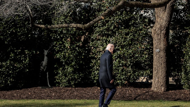WASHINGTON, DC - FEBRUARY 28: U.S. President Joe Biden walks to the Oval Office of the White House after returning from Delaware on February 28, 2022 in Washington, DC. President Biden spent the weekend at his family home in Wilmington, Delaware, where he attended the funeral for Joan Olivere, the mother of his daughter in-law Hallie Biden. Later this week President Biden will give his first official State of the Union address. (Photo by Anna Moneymaker/Getty Images)