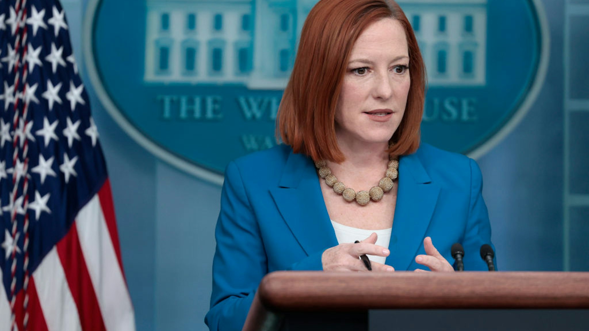 WASHINGTON, DC - FEBRUARY 28: White House press secretary Jen Psaki speaks during the daily press briefing on February 28, 2022 in Washington, DC. During the briefing Psaki previewed the remarks U.S. President Joe Biden will give during his first State of the Union address tomorrow. (Photo by Anna Moneymaker/Getty Images)