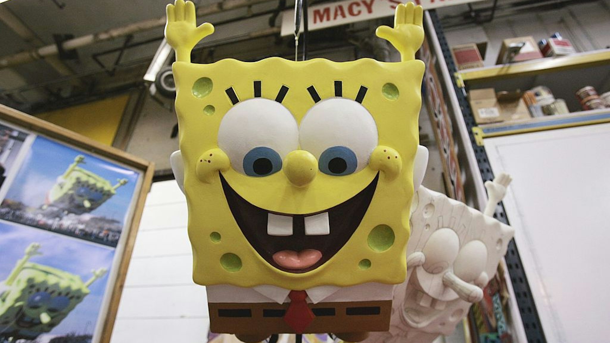 Final painted model and white pattern model for Nickelodeon's SpongeBob SquarePants balloon on Preview Day at Macy's Studios in Hoboken, NJ prior to the 2004 Macy's Thanksgiving Day Parade