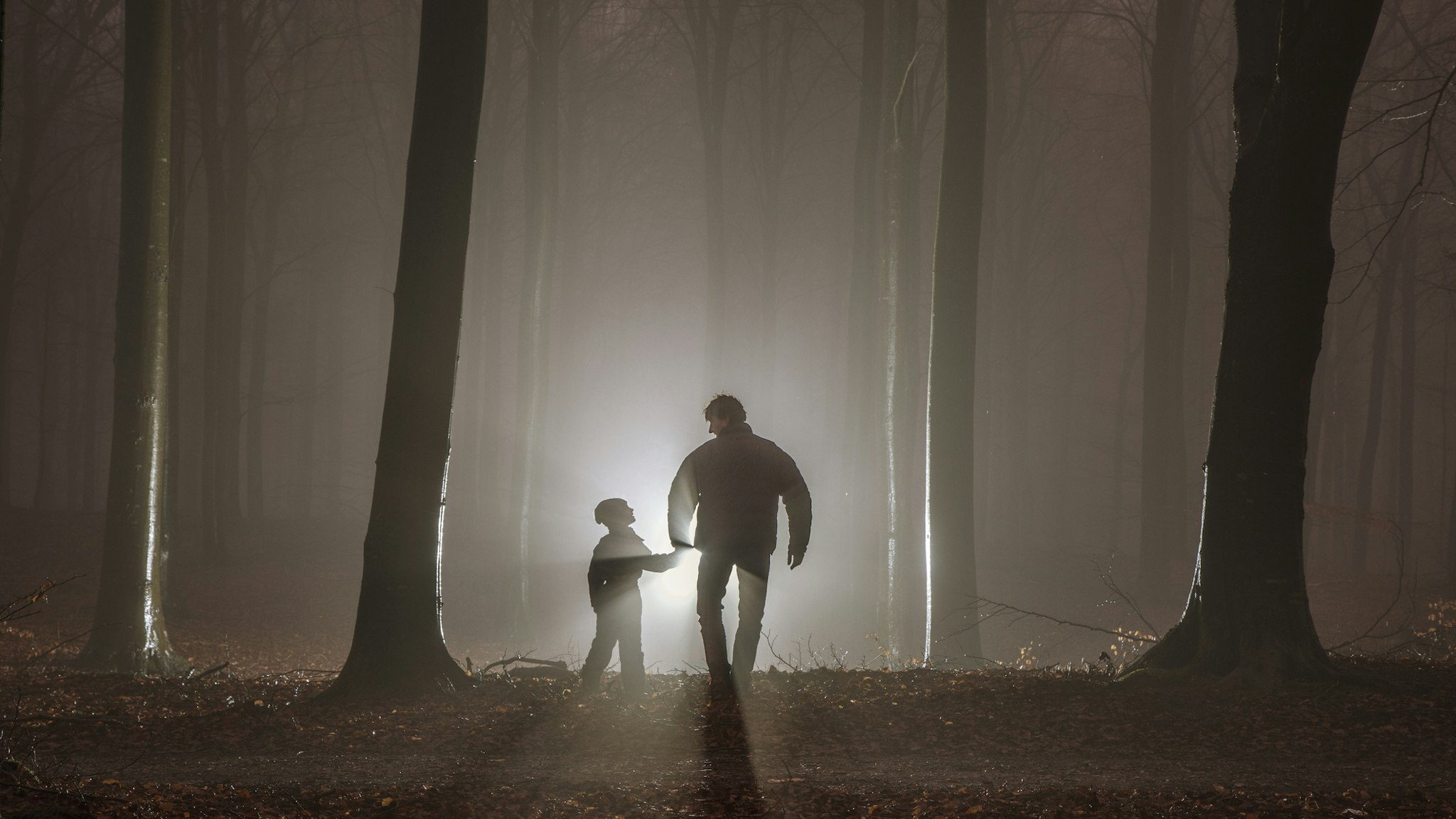 Father and son in misty forest - stock photo