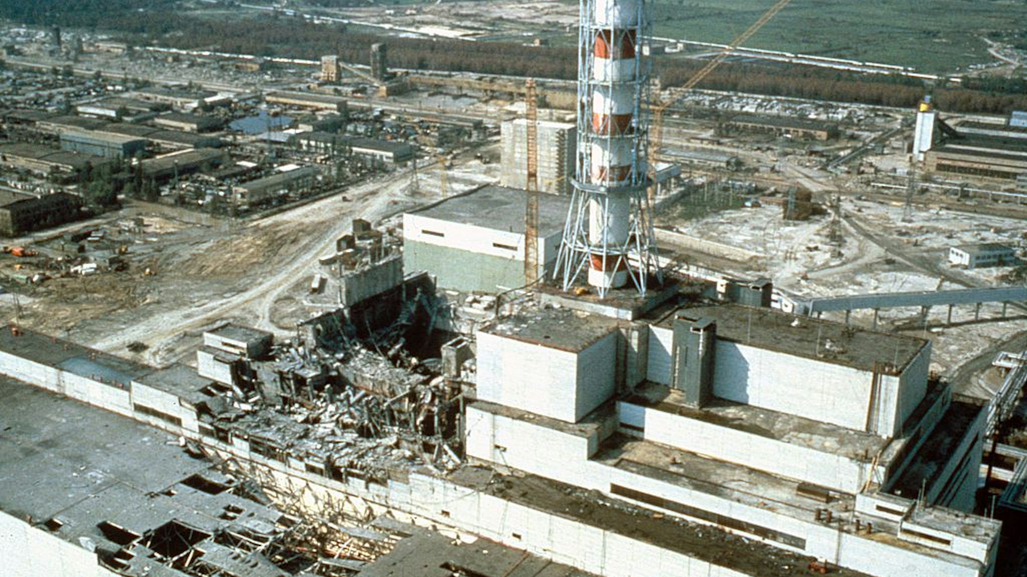Chernobyl nuclear power plant a few weeks after the disaster. Chernobyl, Ukraine, USSR, May 1986.