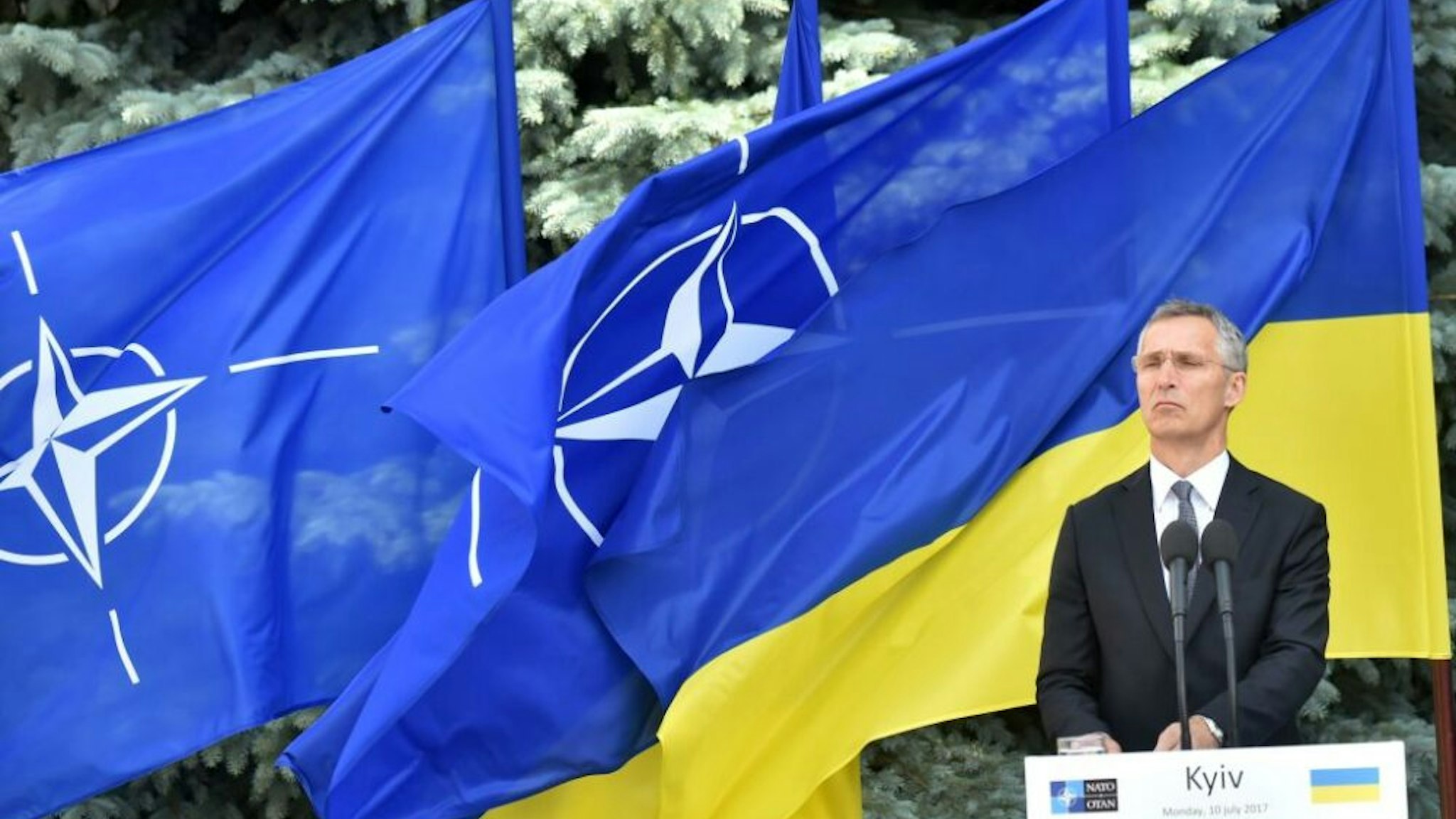NATO Secretary General Jens Stoltenberg stands during a press conference with Ukrainian President in Kiev on July 10, 2017. ?NATO chief Jens Stoltenberg pledged the alliance's support for Ukraine as it faces a bloody insurgency by pro-Russian separatists in its eastern regions.