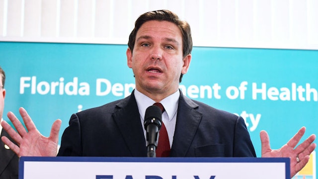 VIERA, FLORIDA, UNITED STATES - 2021/09/01: Florida Governor Ron DeSantis holds a news conference at the Florida Department of Health office in Viera, Florida to announce that the state of Florida has provided more than 40,000 monoclonal antibody treatments to COVID-19 patients statewide at 21 state treatment sites. Last week Florida reported 1,727 COVID-19 deaths in its weekly report, the most on record.