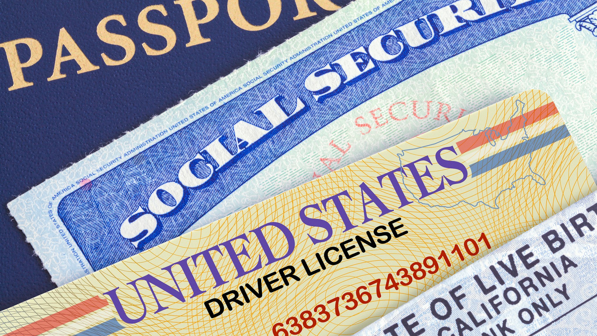 USA Passport with Social Security Card, Drivers License and Birth Certificate.