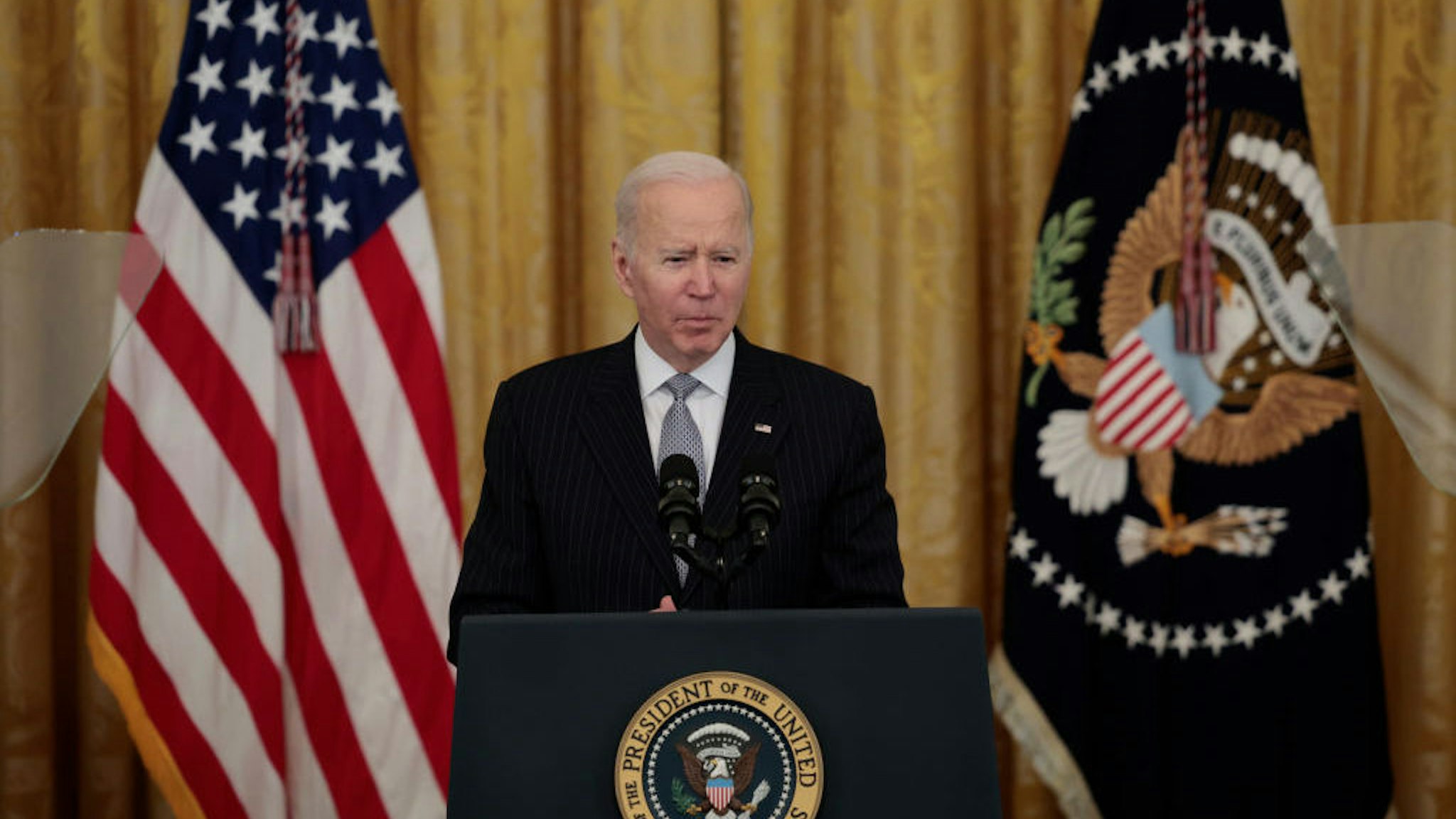 WASHINGTON, DC - FEBRUARY 02: U.S. President Joe Biden gives remarks during a Cancer Moonshot initiative event in the East Room of the White House on February 02, 2022 in Washington, DC. During the event, President Biden announced the administration’s new goals for the initiative that includes reducing the death rate from cancer over the next 25 years and improving the quality of life for people who have survived cancer or are living with it. The initiative was started by Biden when he was the Vice President in 2016. (Photo by Anna Moneymaker/Getty Images)